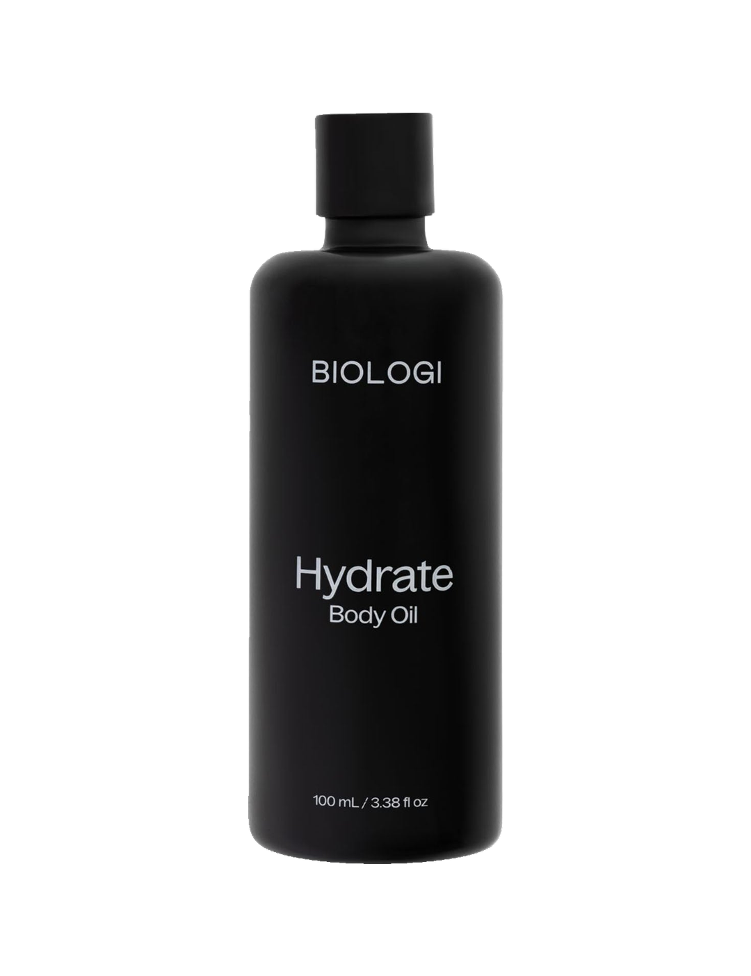 Biologi Hydrate Body Oil 100ml in an opaque black bottle with a black screw cap and simple white lettering, shown upright on white.
