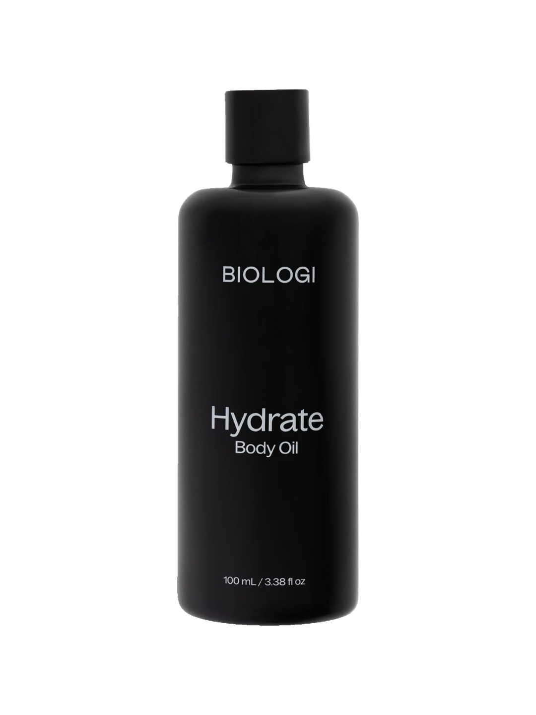 Biologi Hydrate Body Oil 100ml in an opaque black bottle with a black screw cap and simple white lettering, shown upright on white.