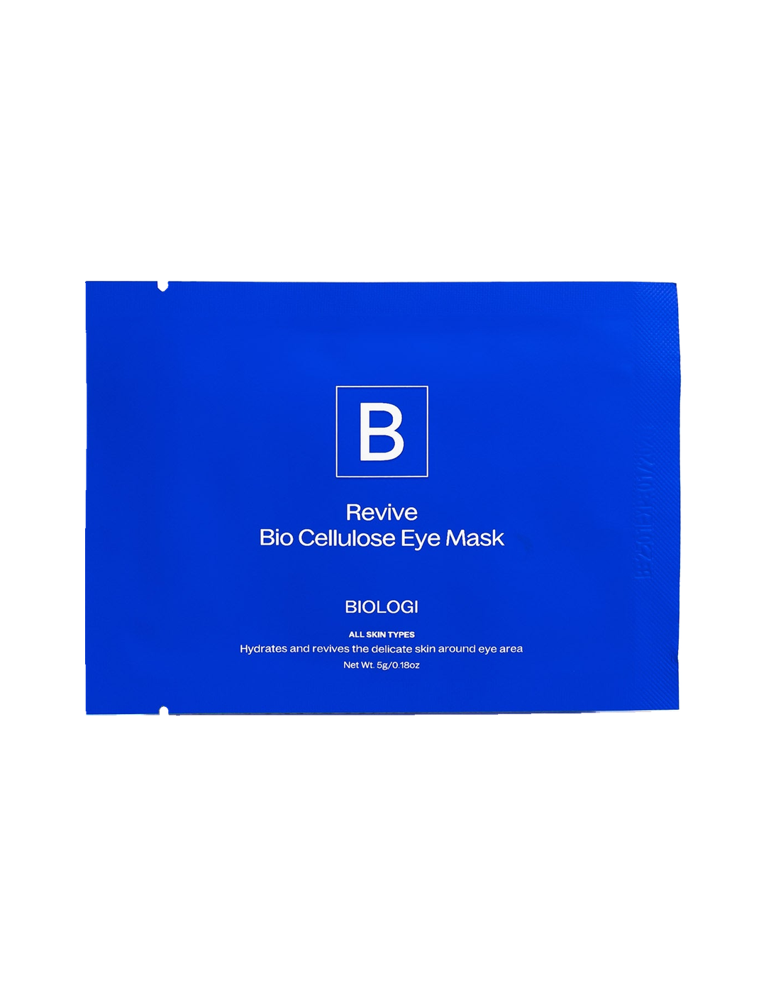 Biologi Revive Bio Cellulose Eye Mask in a sealed cobalt-blue sachet with white Biologi branding, shown horizontally and front-facing on white.