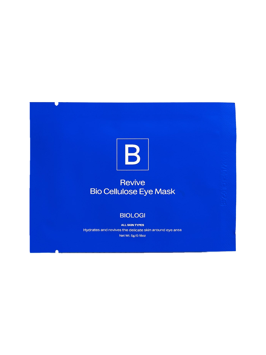 Biologi Revive Bio Cellulose Eye Mask in a sealed cobalt-blue sachet with white Biologi branding, shown horizontally and front-facing on white.