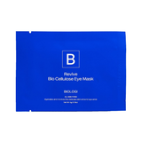Biologi Revive Bio Cellulose Eye Mask in a sealed cobalt-blue sachet with white Biologi branding, shown horizontally and front-facing on white.