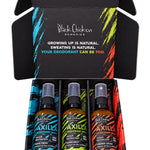 Black Chicken Remedies Axilla First Deodorant Trio Gift Pack — open box with Wave Fresh, Rainforest and Orange Crush