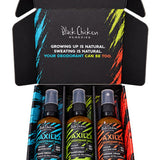 Black Chicken Remedies Axilla First Deodorant Trio Gift Pack — open box with Wave Fresh, Rainforest and Orange Crush