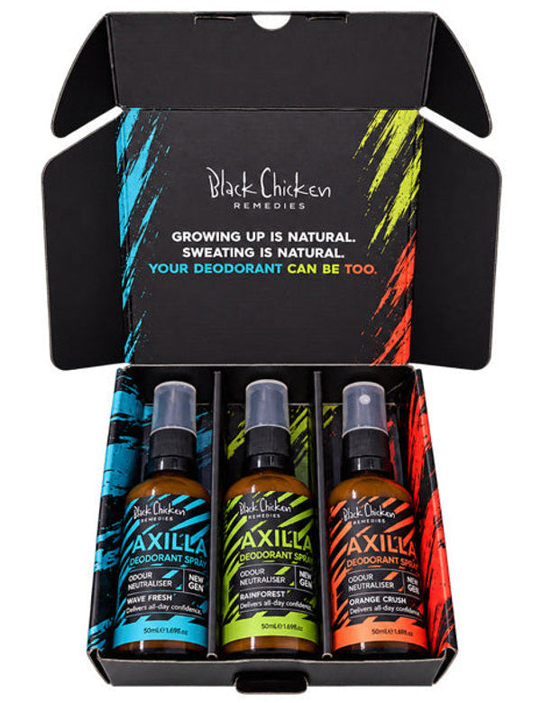 Black Chicken Remedies Axilla First Deodorant Trio Gift Pack — open box with Wave Fresh, Rainforest and Orange Crush