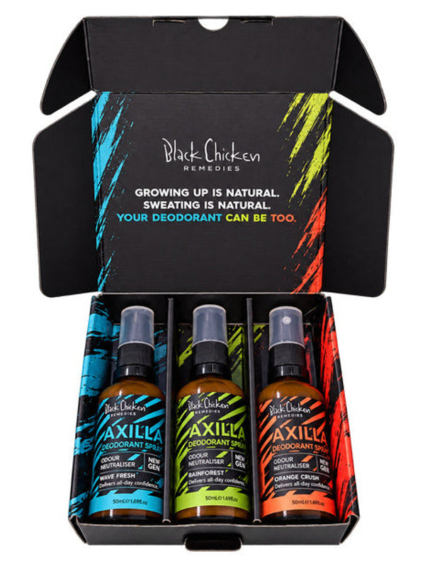 Black Chicken Remedies Axilla First Deodorant Trio Gift Pack — open box with Wave Fresh, Rainforest and Orange Crush