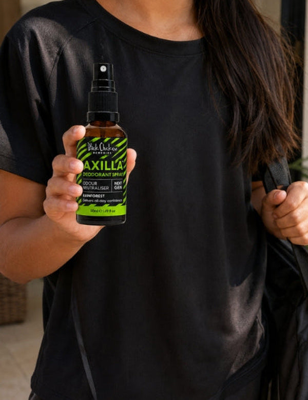 Black Chicken Remedies Axilla Rainforest Deodorant Spray — held in hand