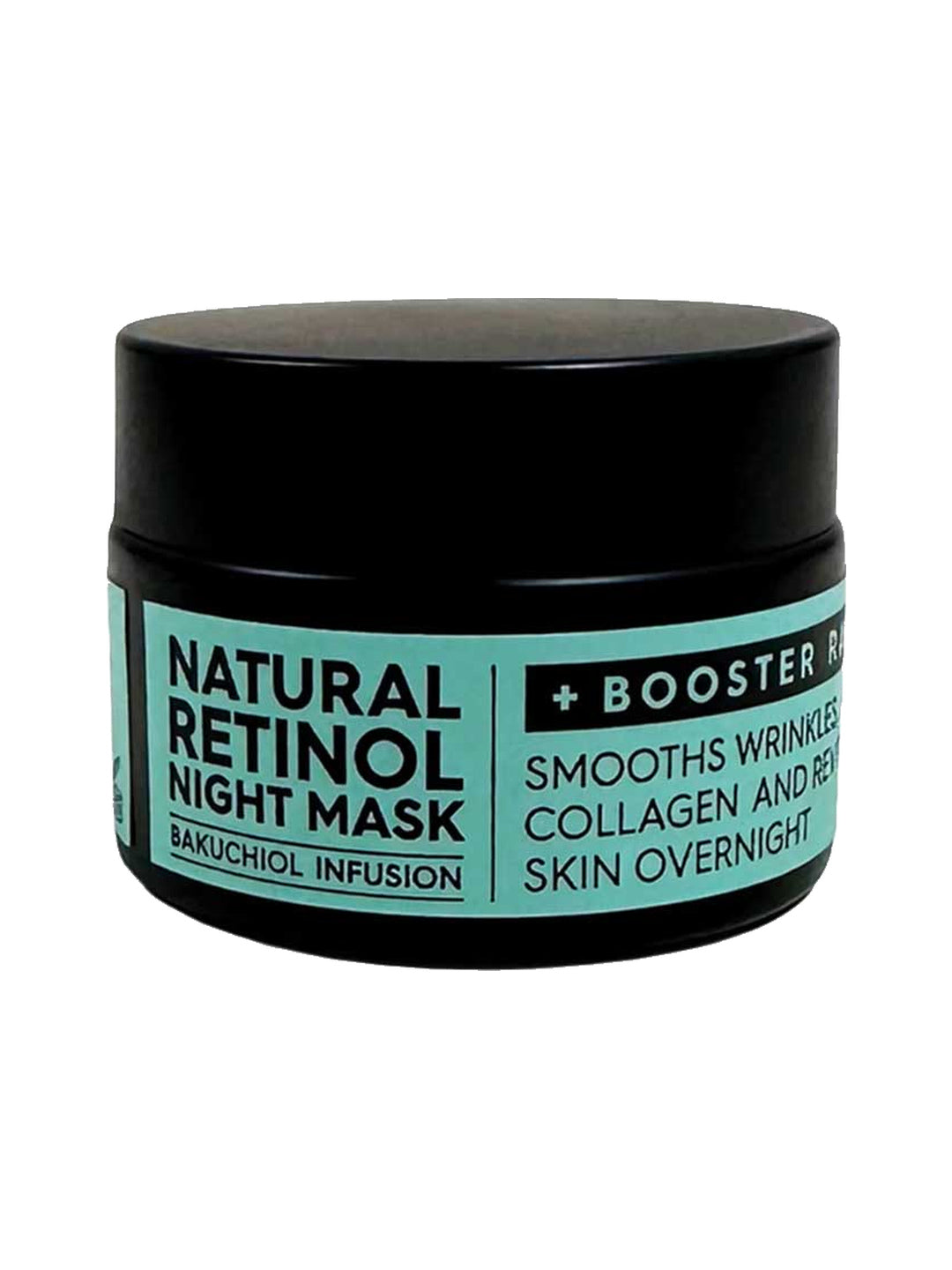 Black Chicken Remedies Natural Retinol Night Mask in a squat black jar with a broad black lid and mint-green label.