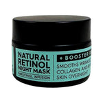 Black Chicken Remedies Natural Retinol Night Mask in a squat black jar with a broad black lid and mint-green label.