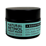 Black Chicken Remedies Natural Retinol Night Mask in a squat black jar with a broad black lid and mint-green label.