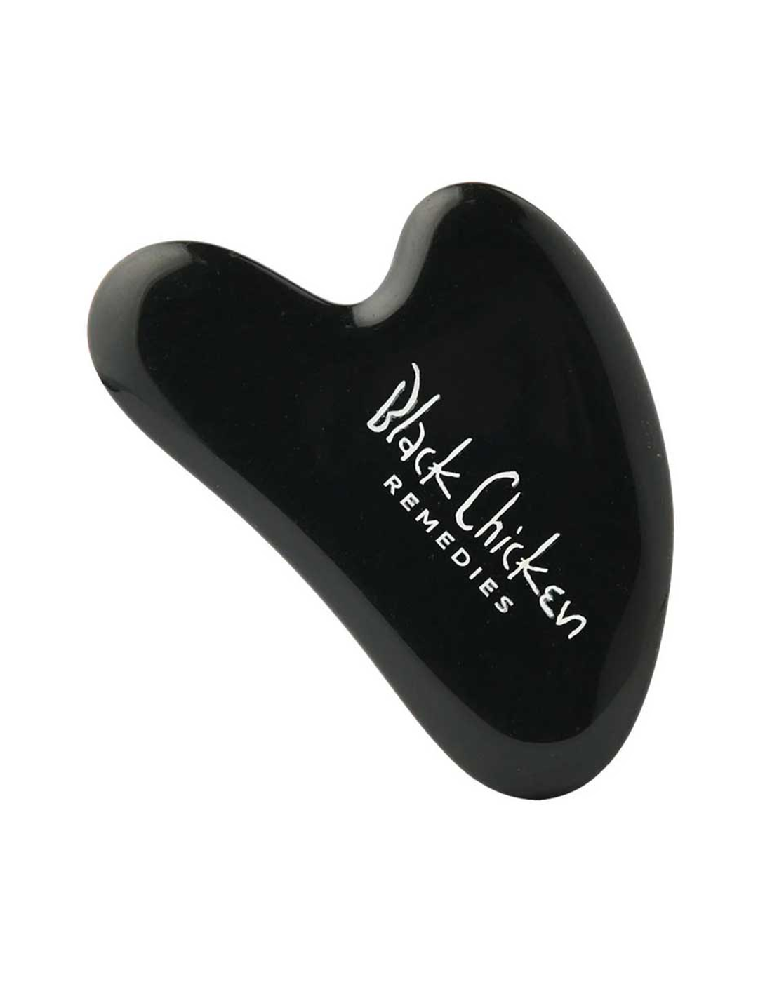 The Black Chicken Remedies Black Obsidian Gua Sha is a sleek black facial massage tool with the brand name in white text, inspired by Traditional Chinese Medicine and shown against a plain white background.