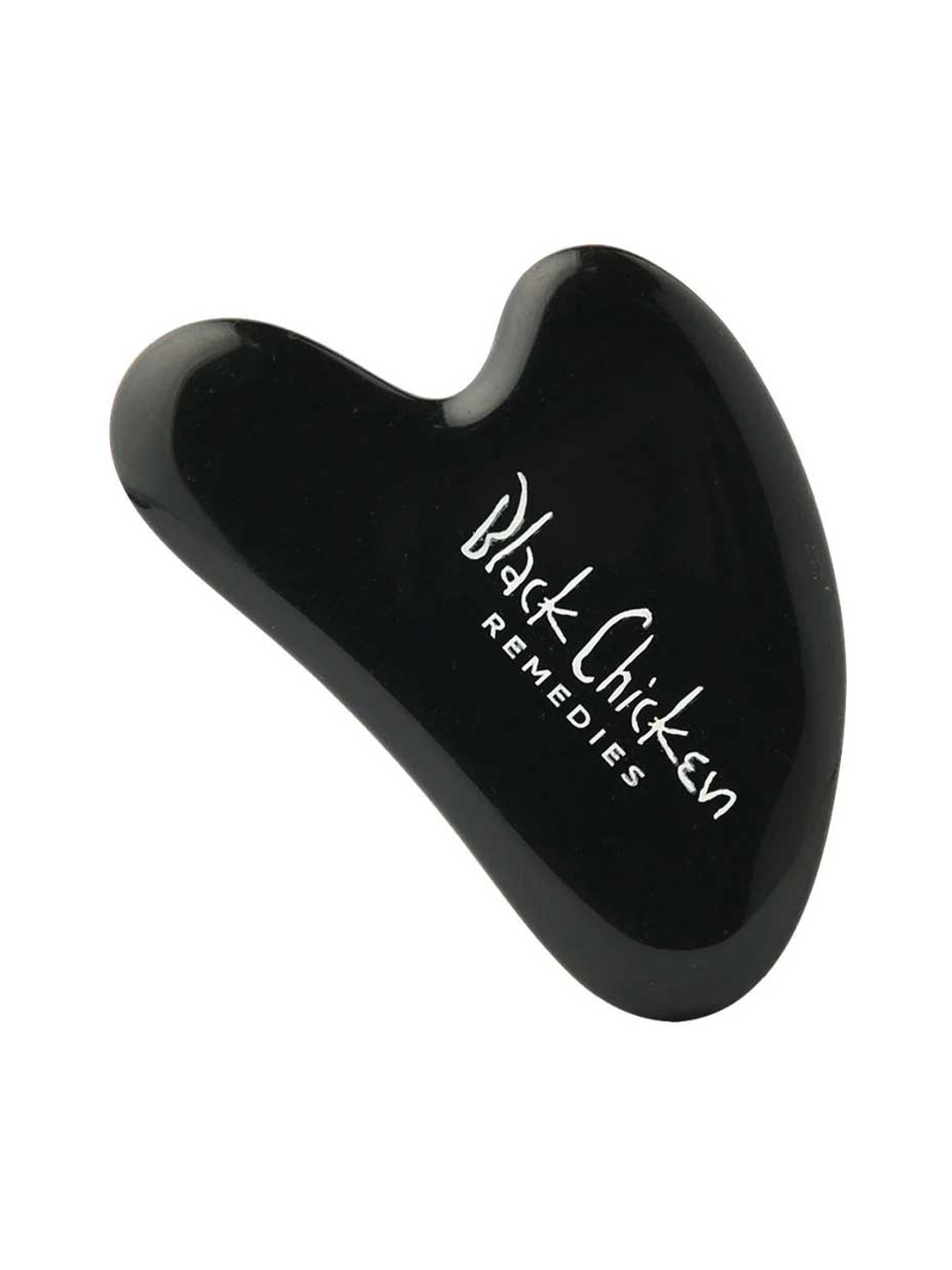 The Black Chicken Remedies Black Obsidian Gua Sha is a sleek black facial massage tool with the brand name in white text, inspired by Traditional Chinese Medicine and shown against a plain white background.