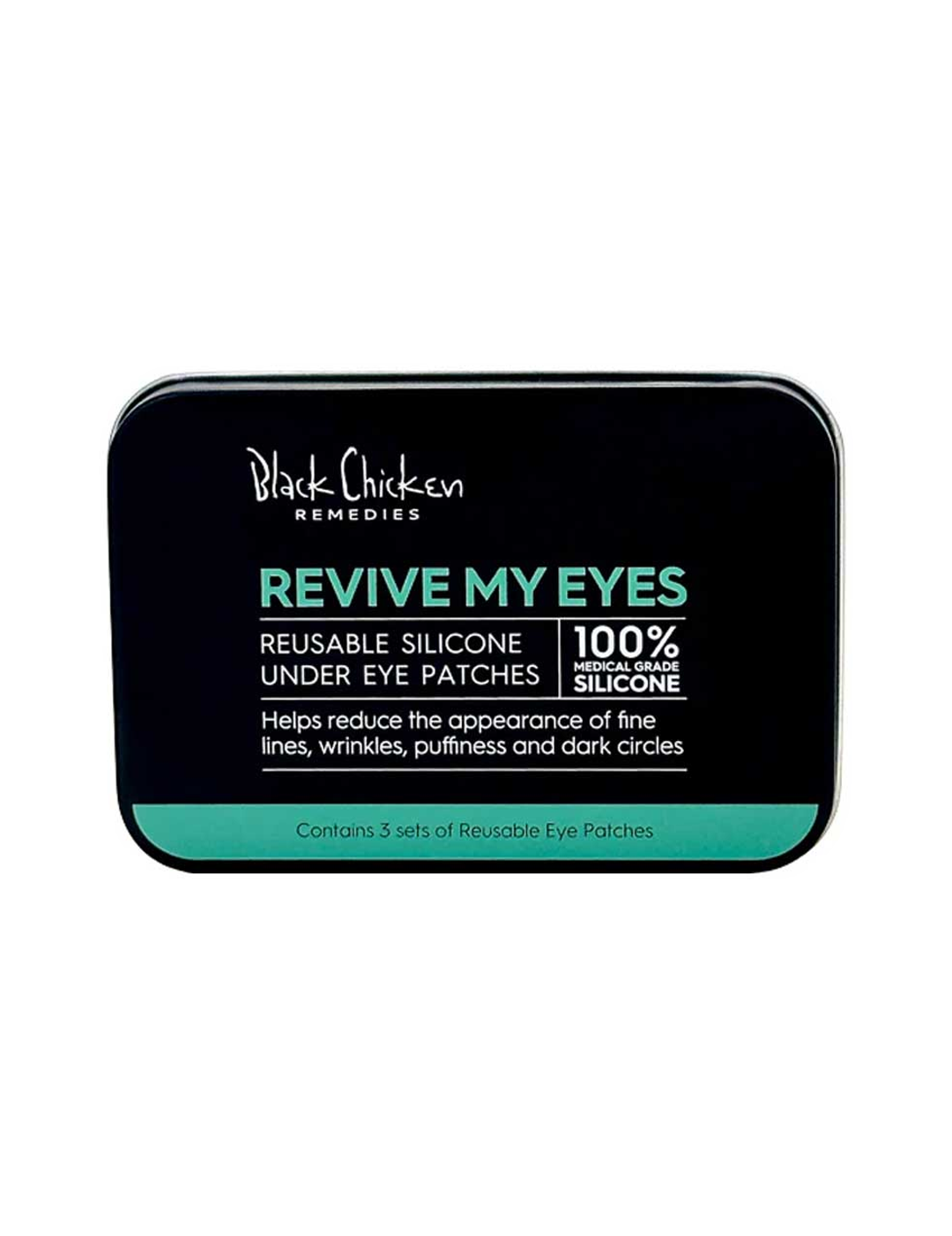 Black rectangular Revive My Eyes storage tin with rounded corners, mint-green lettering and a label stating it contains three sets of reusable eye patches.