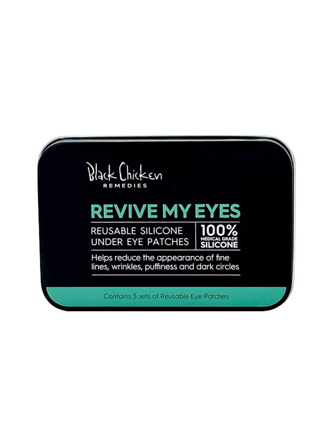 Black rectangular Revive My Eyes storage tin with rounded corners, mint-green lettering and a label stating it contains three sets of reusable eye patches.