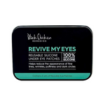 Black rectangular Revive My Eyes storage tin with rounded corners, mint-green lettering and a label stating it contains three sets of reusable eye patches.