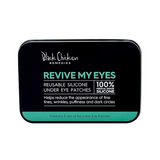 Black rectangular Revive My Eyes storage tin with rounded corners, mint-green lettering and a label stating it contains three sets of reusable eye patches.