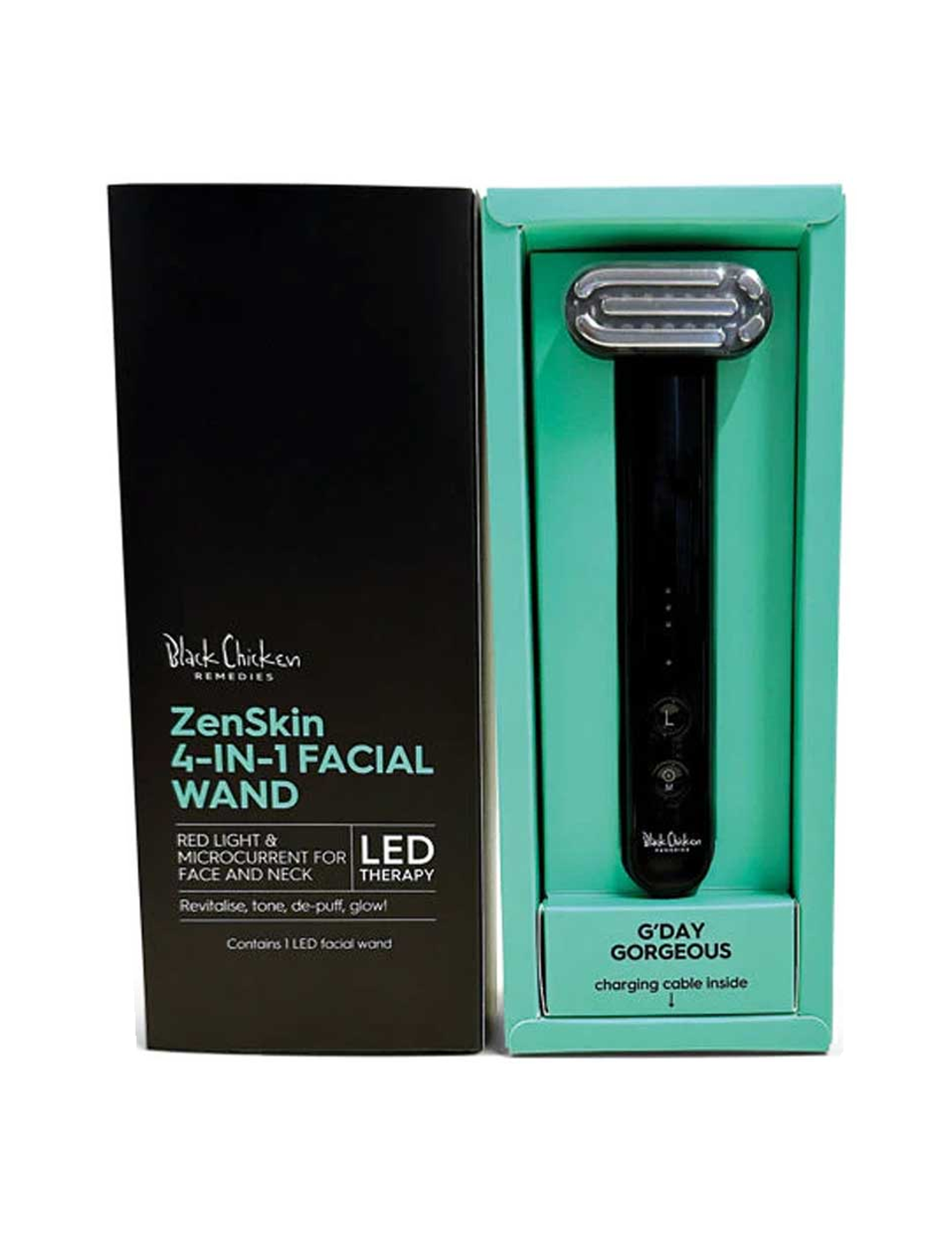 The boxed Black Chicken Remedies ZenSkin 4-in-1 LED Facial Wand, featuring microcurrent technology, stands upright in its teal and black packaging that showcases the product name and key features.
