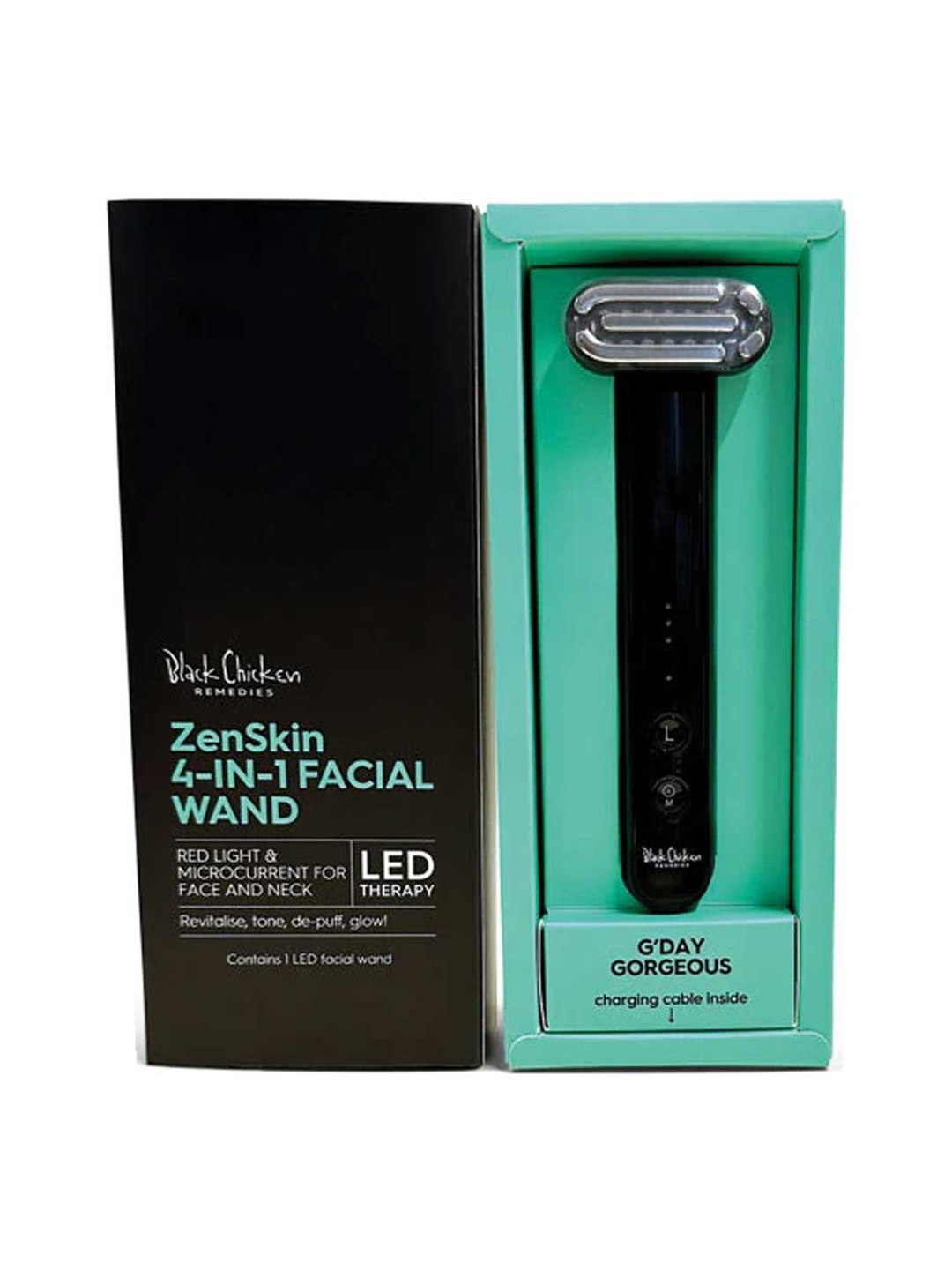 The boxed Black Chicken Remedies ZenSkin 4-in-1 LED Facial Wand, featuring microcurrent technology, stands upright in its teal and black packaging that showcases the product name and key features.