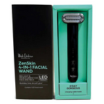 The boxed Black Chicken Remedies ZenSkin 4-in-1 LED Facial Wand, featuring microcurrent technology, stands upright in its teal and black packaging that showcases the product name and key features.
