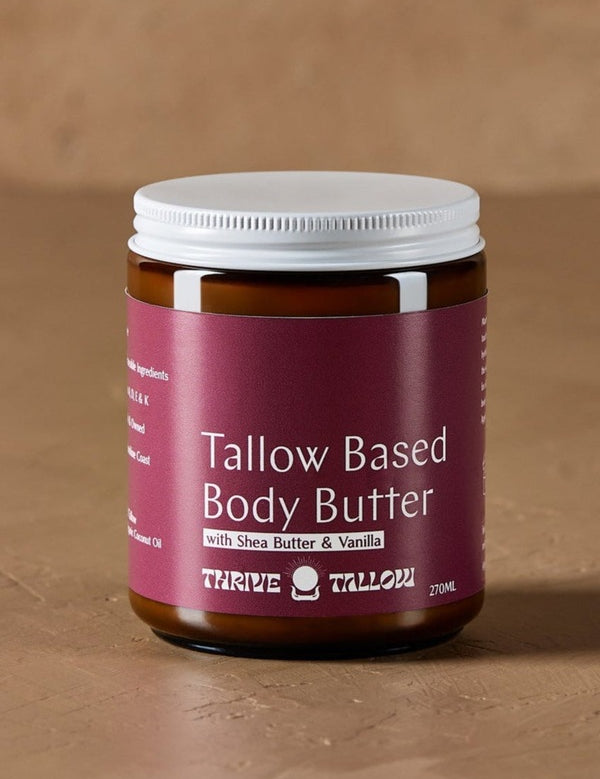 Tallow Based Body Butter jar in warm natural light – Thrive Tallow Tallow Based Body Butter 270ml