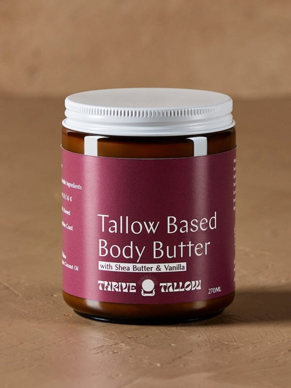 Tallow Based Body Butter jar in warm natural light – Thrive Tallow Tallow Based Body Butter 270ml