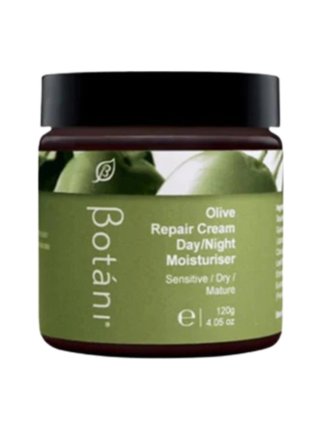 Botani Olive Repair Cream in a wide amber jar with a black screw lid and an olive-green label topped with a photograph of olives.