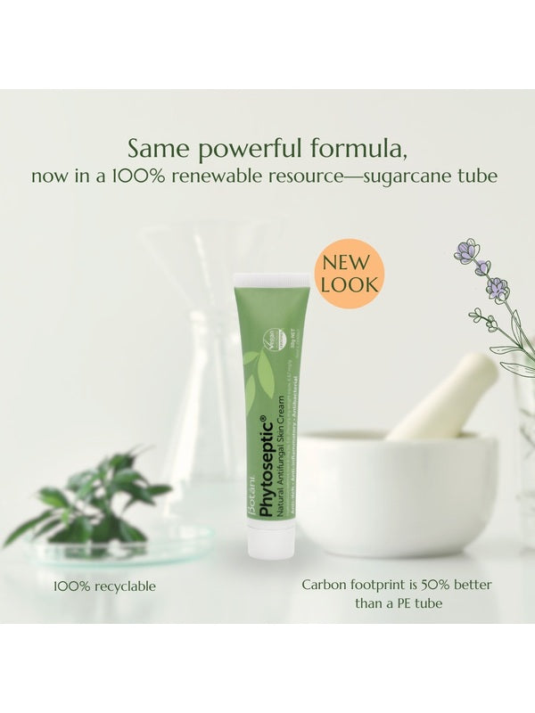 Botani Phytoseptic Natural Antifungal Skin Cream tube with renewable sugarcane packaging and sustainability callouts.