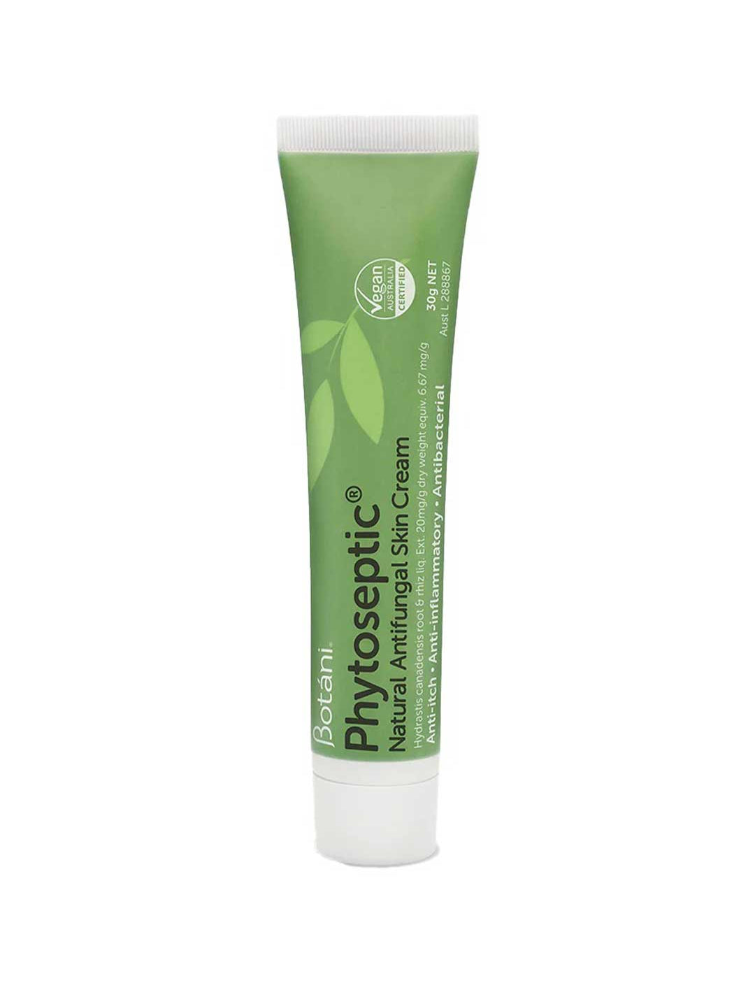 A tube of Botani Phytoseptic Natural Antifungal Skin Cream, featuring a green and white design with leaf graphics, on a plain white background.