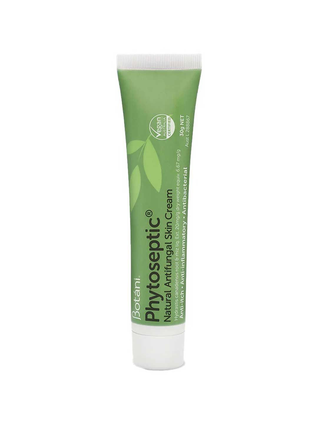 A tube of Botani Phytoseptic Natural Antifungal Skin Cream, featuring a green and white design with leaf graphics, on a plain white background.