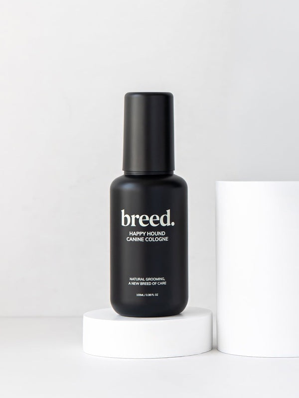 Black Breed Happy Hound Canine Cologne bottle displayed upright on a white studio plinth.