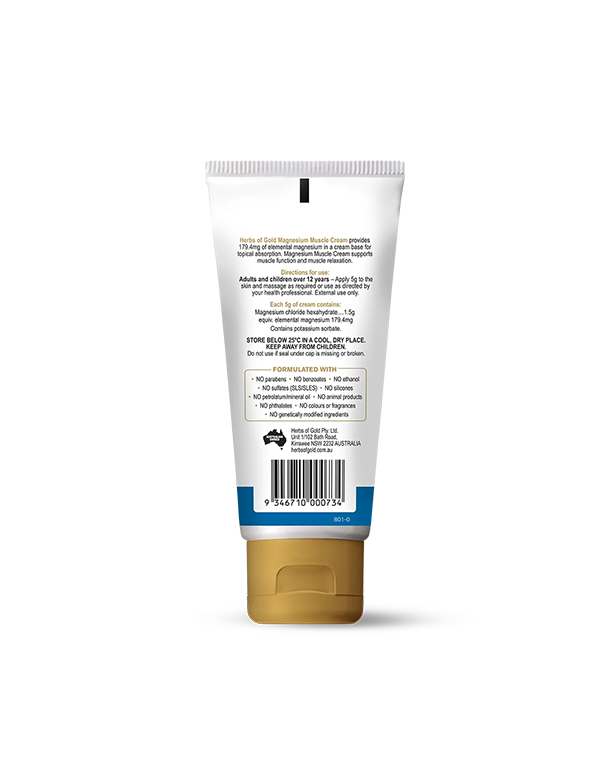 Back of the Herbs of Gold Magnesium Muscle Cream tube showing ingredients