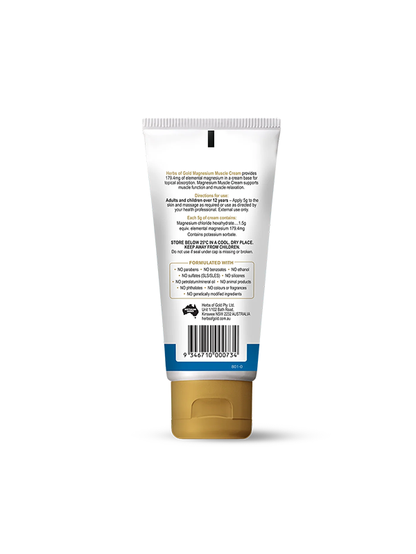 Back of the Herbs of Gold Magnesium Muscle Cream tube showing ingredients