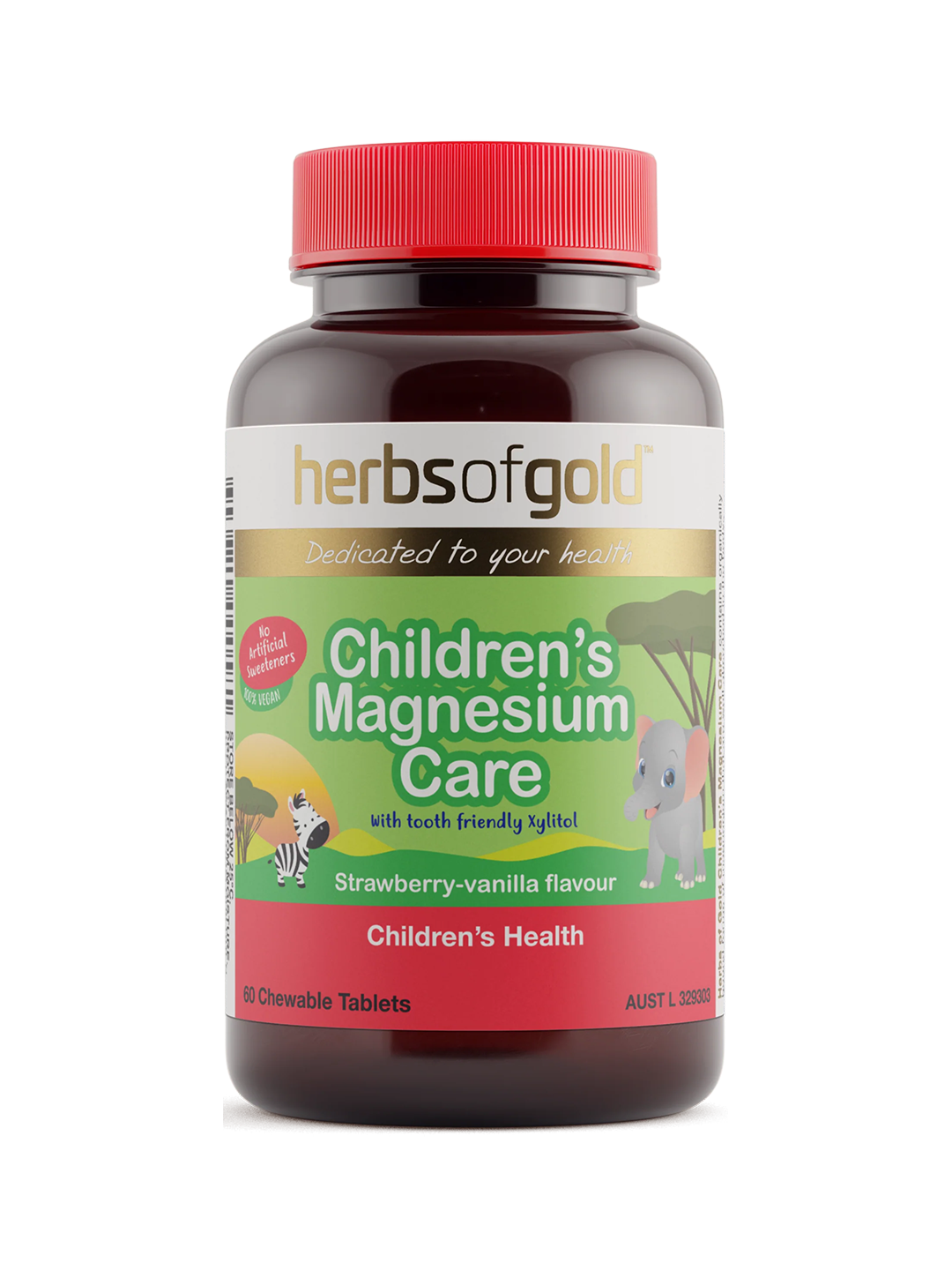 Herbs of Gold Children's Magnesium Care 60 tablets bottle, strawberry-vanilla flavour