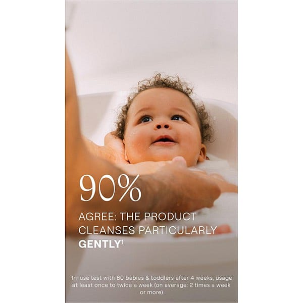 A baby smiling while being bathed, with an adult gently supporting the baby in a tub. Text overlay reads: "90% agree: the product cleanses particularly…