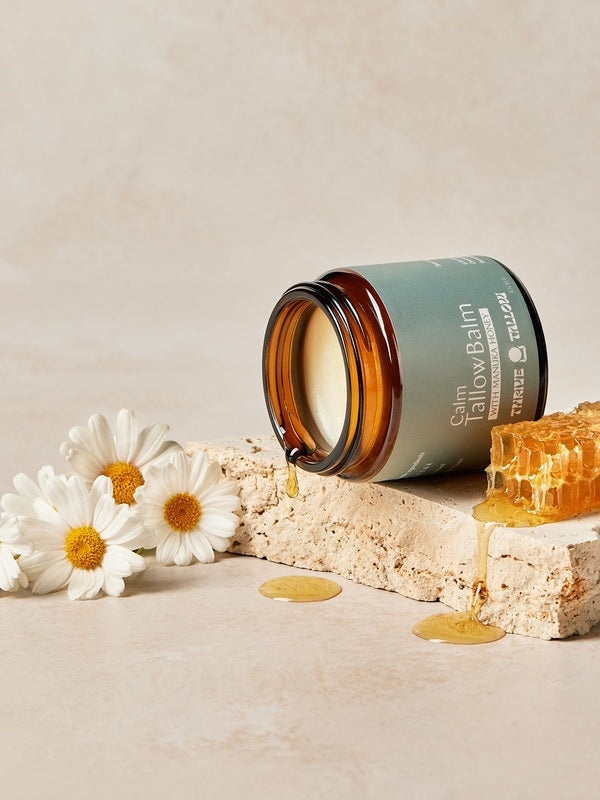 Calm Tallow Balm styled with chamomile flowers and honey – Thrive Tallow Calm Tallow Balm 100ml