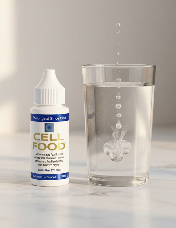 Cellfood Original Concentrate beside a glass of water as drops disperse
