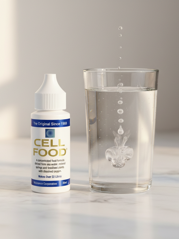 Cellfood Original Concentrate beside a glass of water as drops disperse
