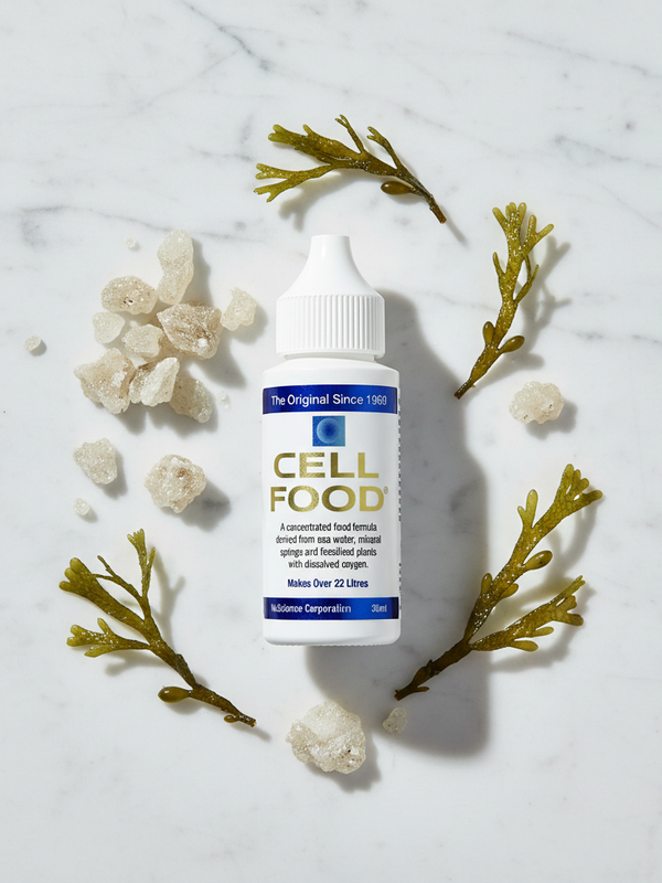 Cellfood Original Concentrate flat lay with sea minerals and seaweed