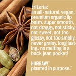 Product standards and certifications for Hurraw! Organic Lip Balm - Chai Spice 4.8g