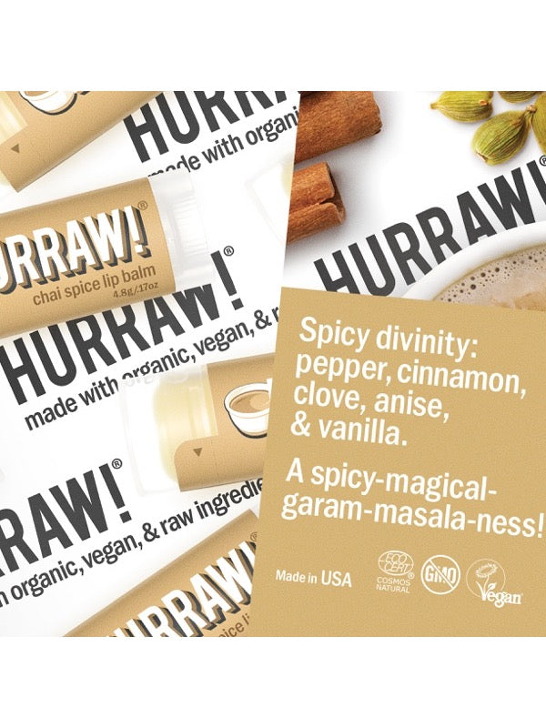 Product and flavour details for Hurraw! Organic Lip Balm - Chai Spice 4.8g