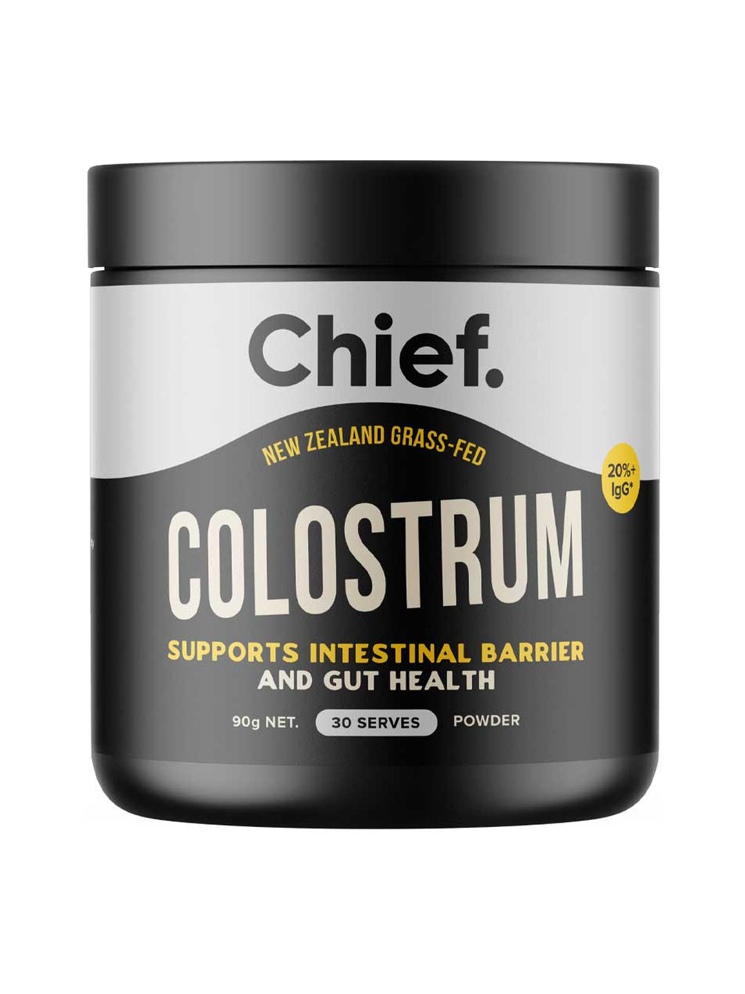 Chief Colostrum powder in a black cylindrical tub with a broad black lid, a silver upper label and large cream lettering.
