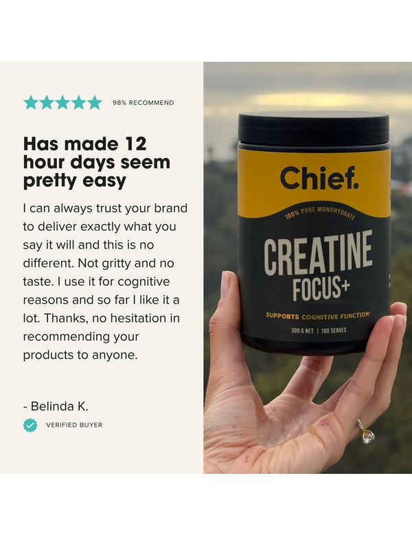 Customer review with CHIEF Creatine Focus held in hand