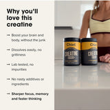 Chief Creatine Focus+ benefit graphic beside two tubs and a woman at a kitchen counter. Text claims brain and body support, easy dissolving without grittiness, lab testing, no impurities or unwanted additives, and sharper focus, memory and faster thinking.