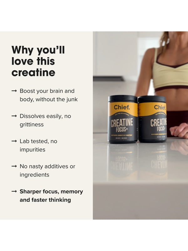 Chief Creatine Focus+ benefit graphic beside two tubs and a woman at a kitchen counter. Text claims brain and body support, easy dissolving without grittiness, lab testing, no impurities or unwanted additives, and sharper focus, memory and faster thinking.