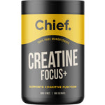 Chief Creatine Focus+ in a black cylindrical tub with a broad black lid, a yellow upper label and large cream lettering on the front.