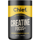 Chief Creatine Focus+ in a black cylindrical tub with a broad black lid, a yellow upper label and large cream lettering on the front.