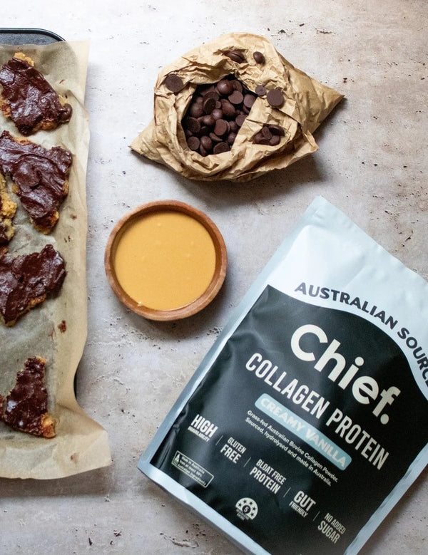 CHIEF Creamy Vanilla Collagen Protein styled with wholesome food