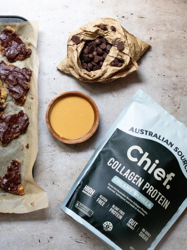 CHIEF Creamy Vanilla Collagen Protein styled with wholesome food