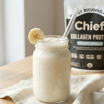 Vanilla collagen smoothie beside CHIEF Collagen Protein