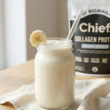 Vanilla collagen smoothie beside CHIEF Collagen Protein
