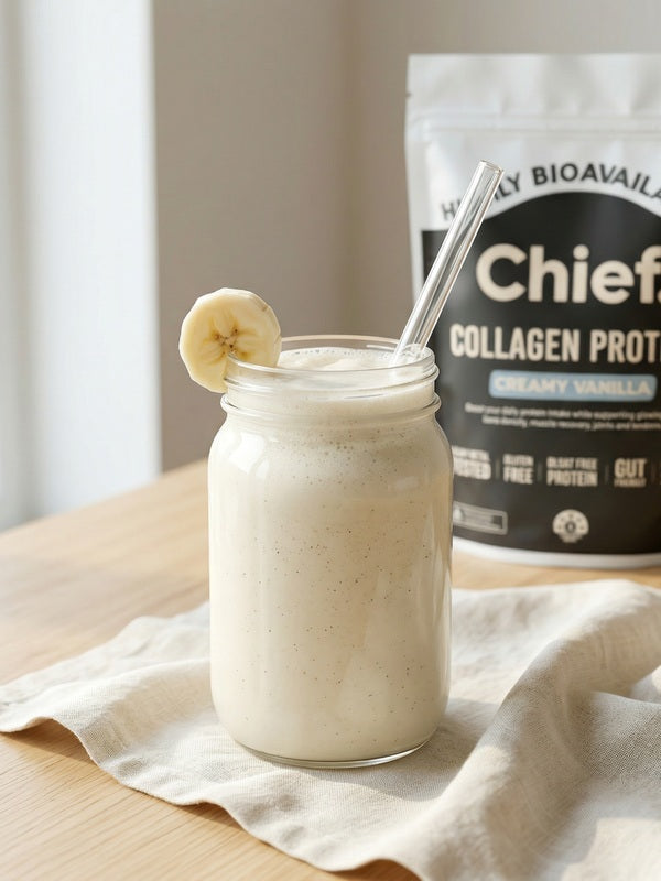 Vanilla collagen smoothie beside CHIEF Collagen Protein